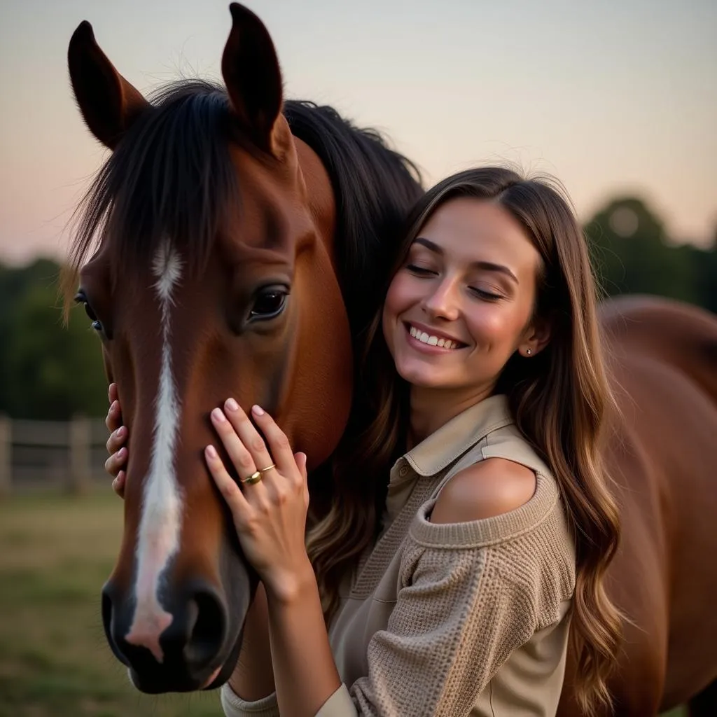 Woman embracing a horse affectionately