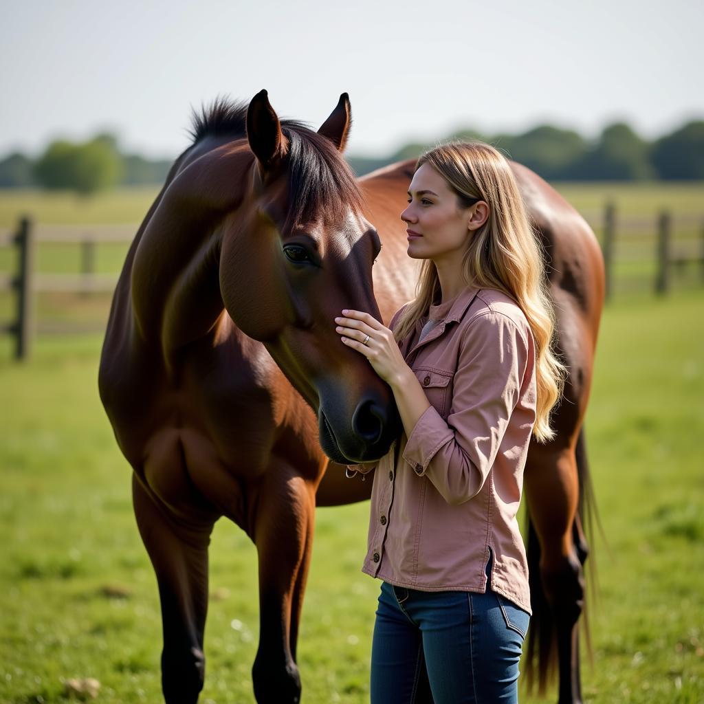 Horse and owner bonding in a pasture