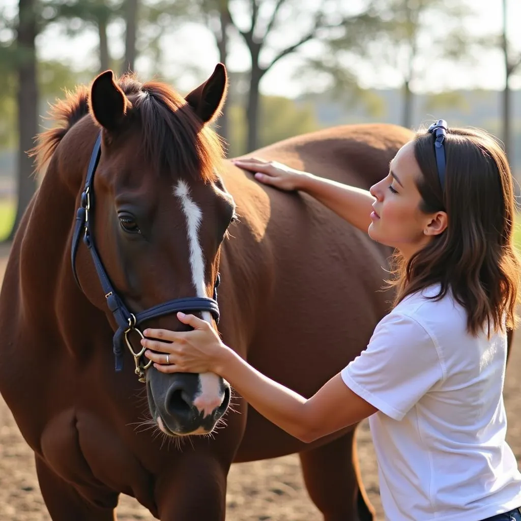 A horse owner grooming their horse