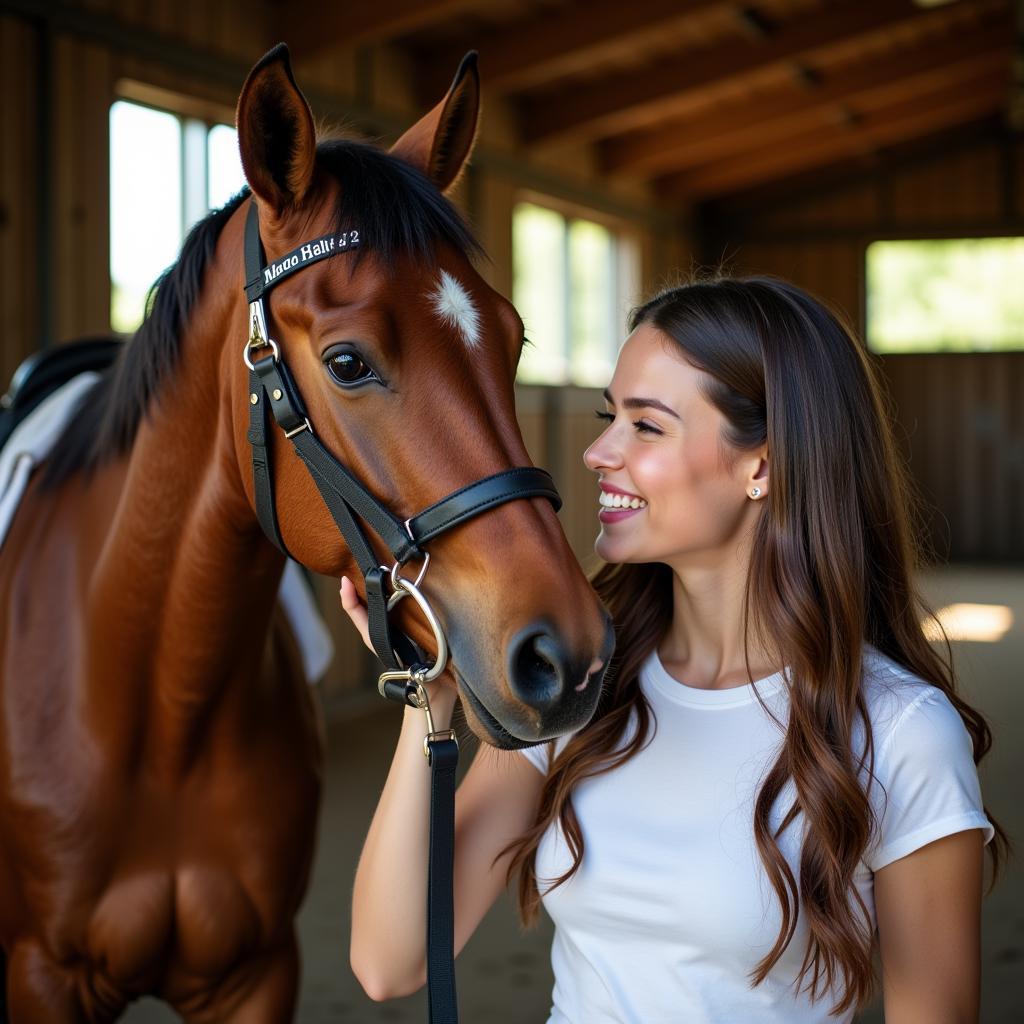 A horse and owner bonding in a stable aisle