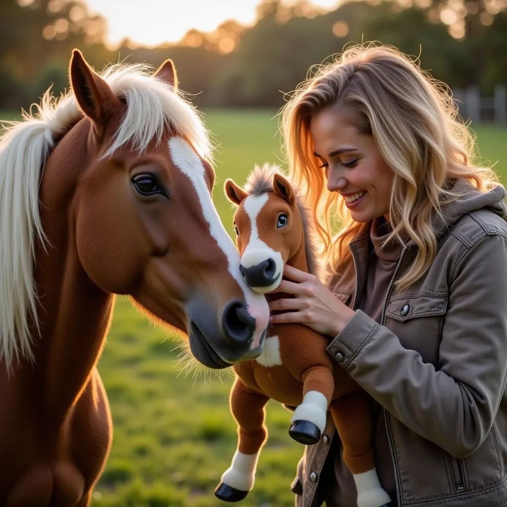 Horse and Owner Interacting with a Flocked Toy