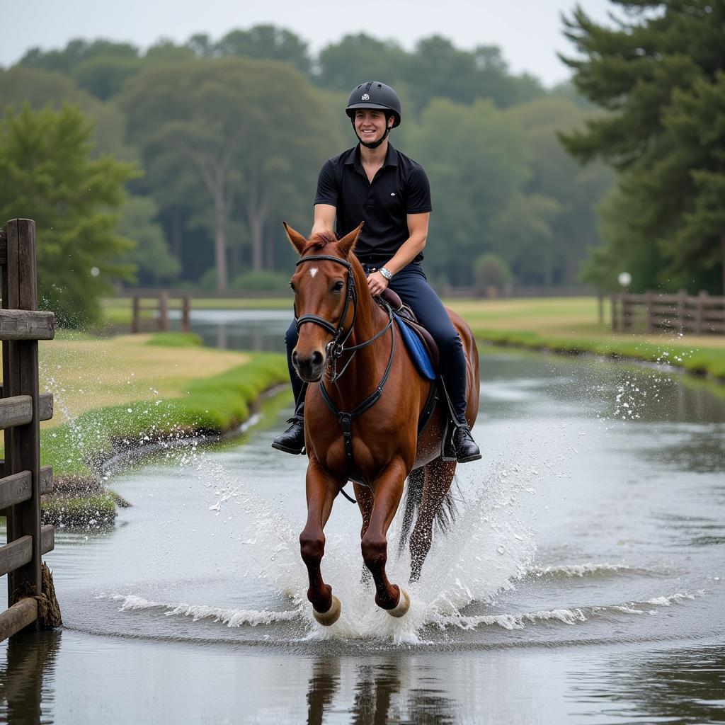 Horse and Rider Crossing Water Obstacle