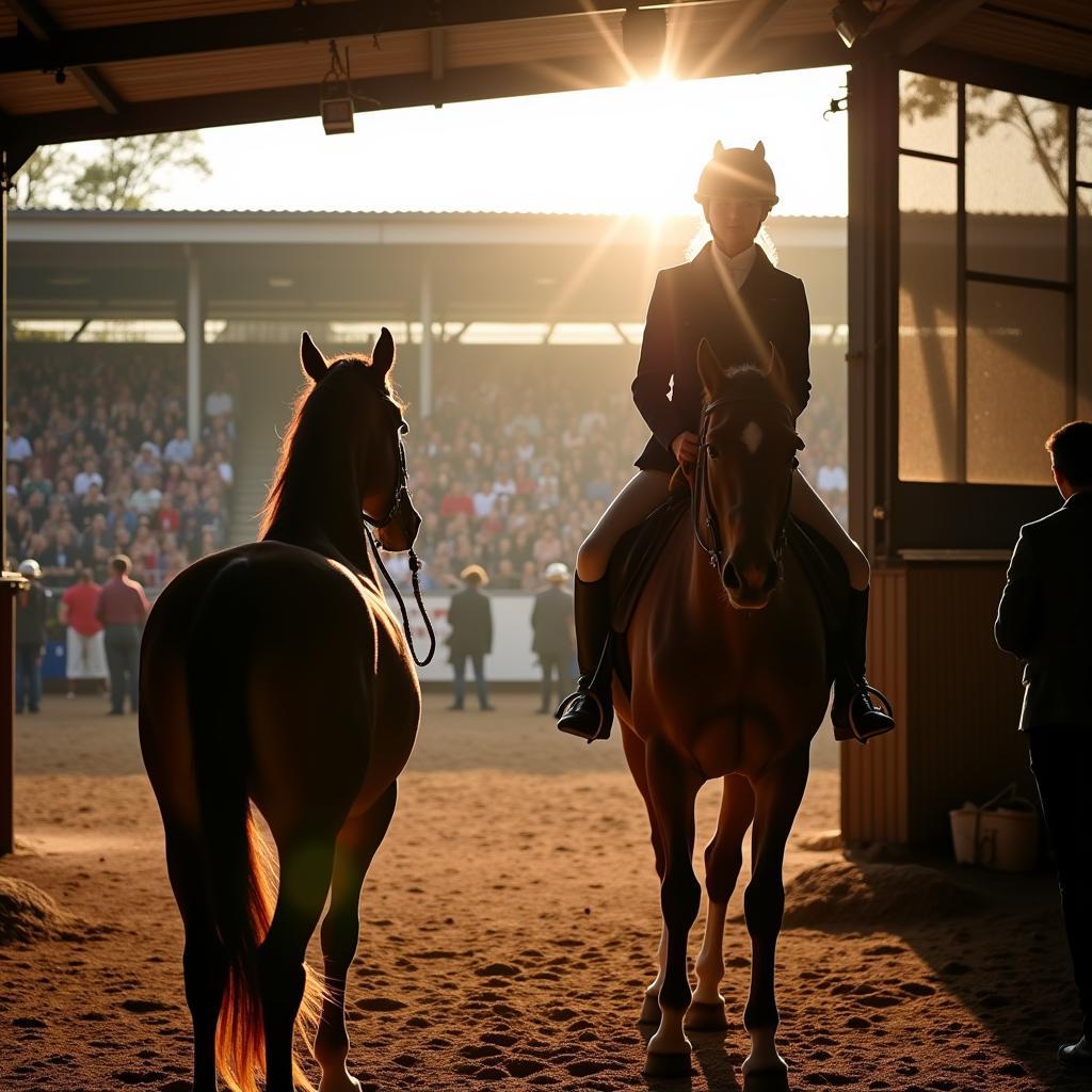 A horse and rider prepare to enter a bustling show arena.