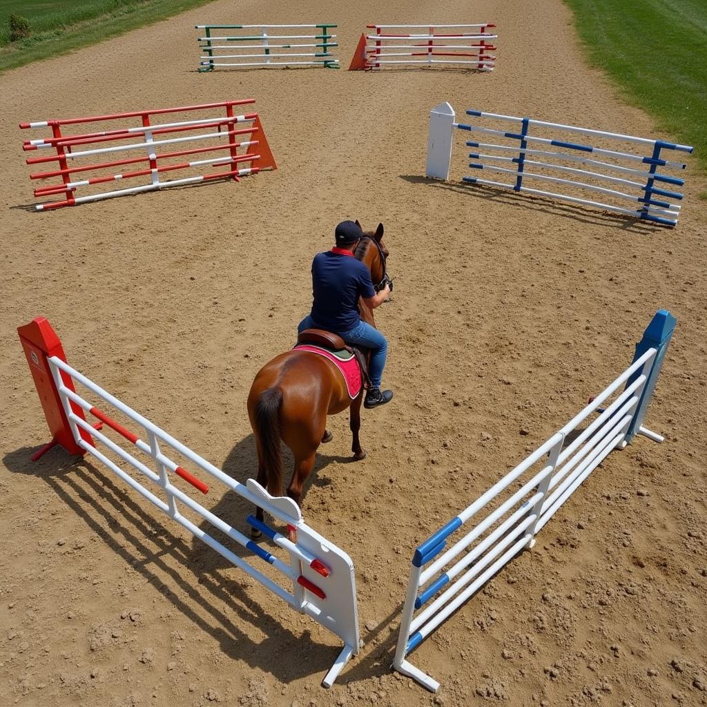 Horse and Rider Navigating Trotting Pole Configuration