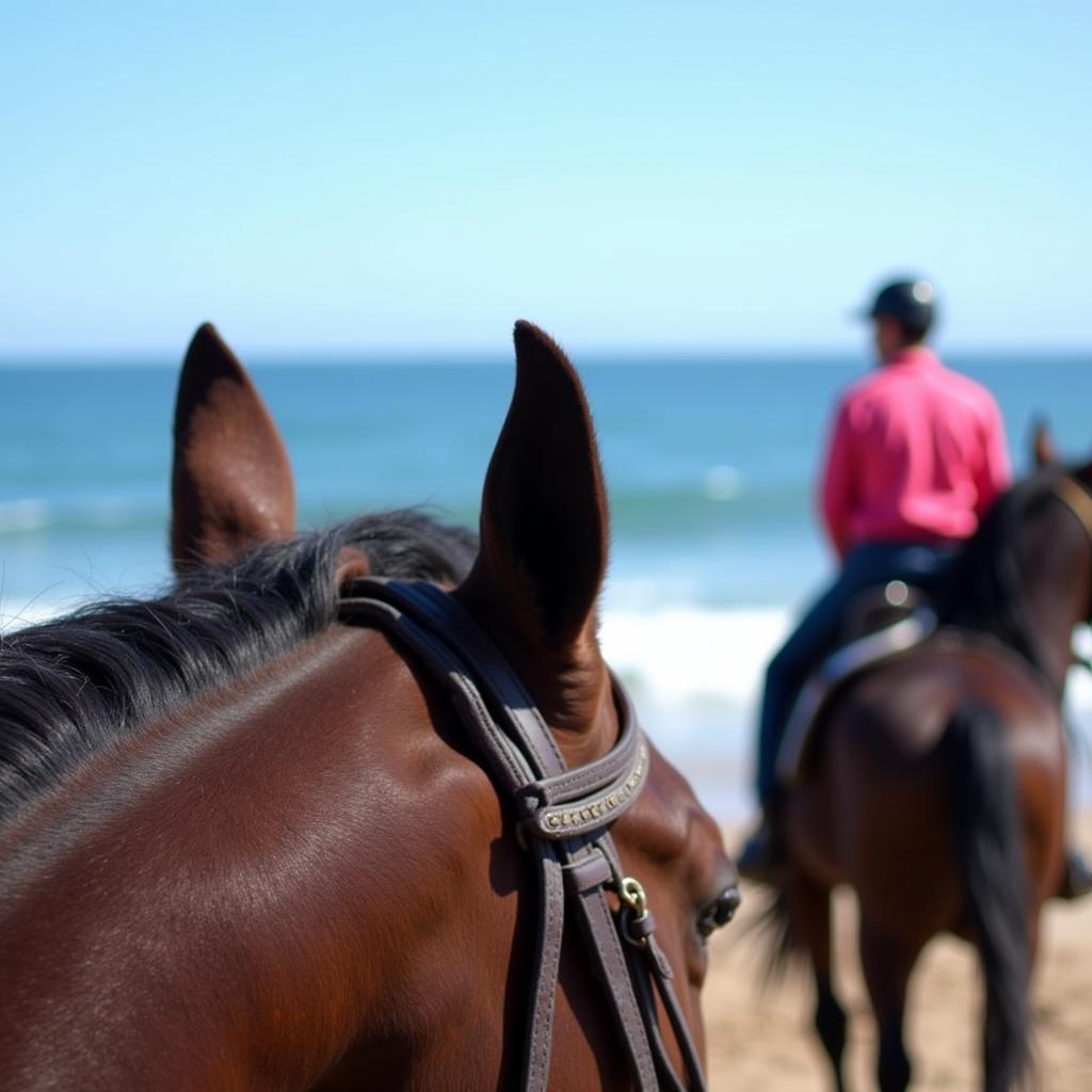  Horse and rider on the beach with riding tack