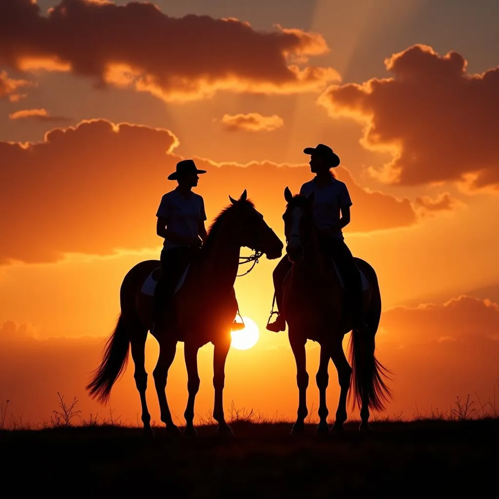 Horse and Rider Silhouetted Against Sunset