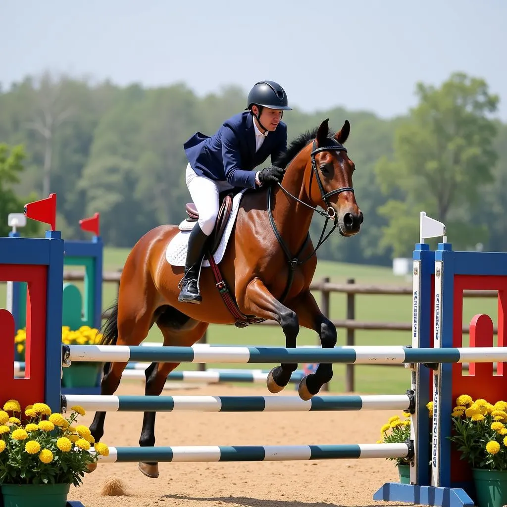 Horse and Rider Successfully Clearing Jump with Fillers