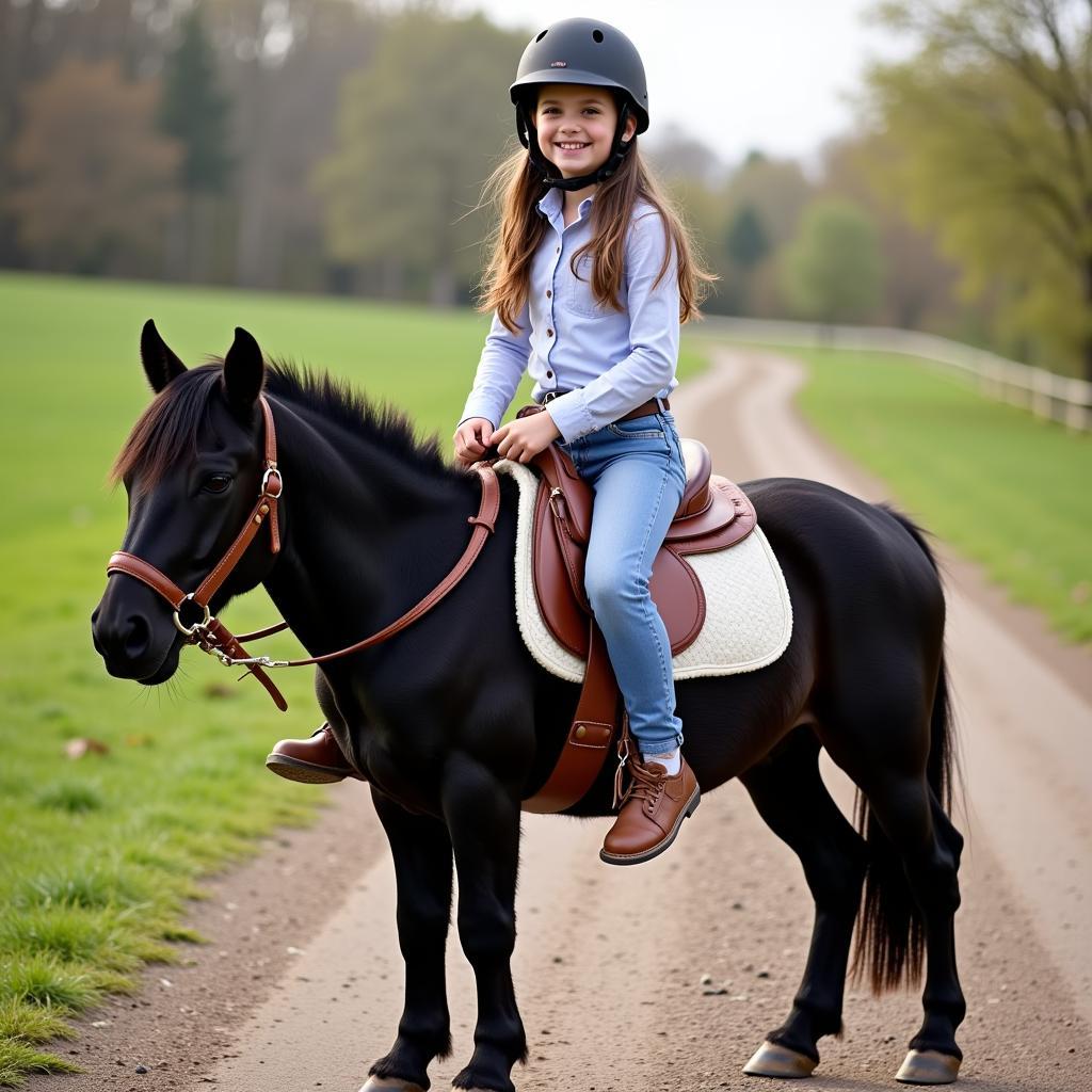 Young rider on a pony with a properly fitted infant horse saddle