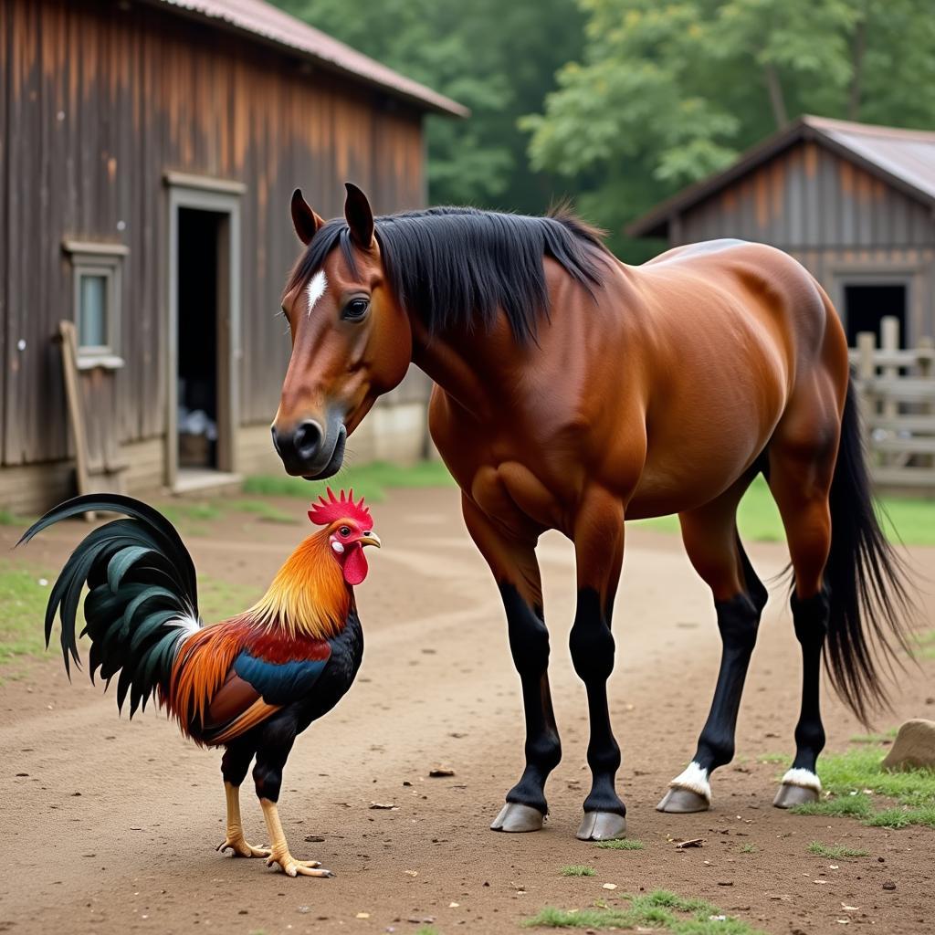 Horse and Rooster Interacting