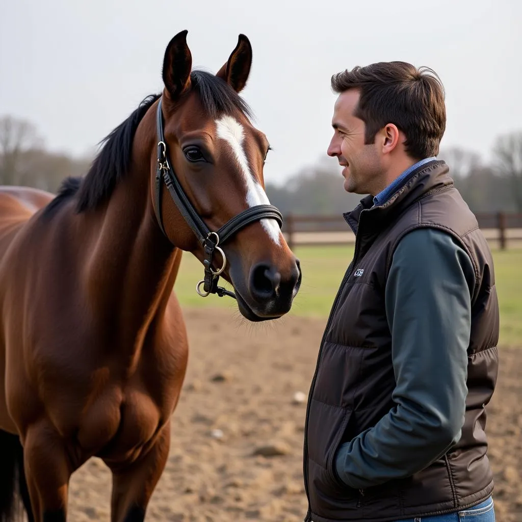 Horse trainer discussing progress with owner