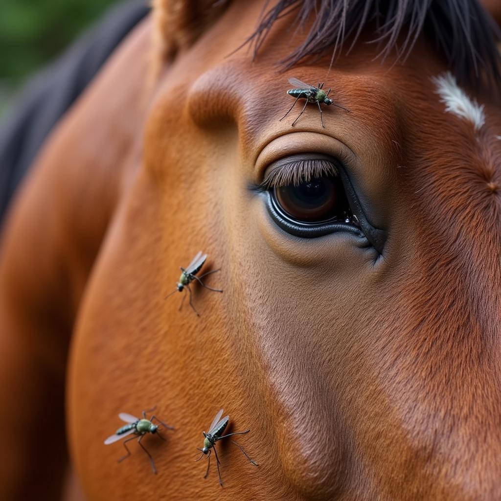 Horse being swarmed and bitten by mosquitoes