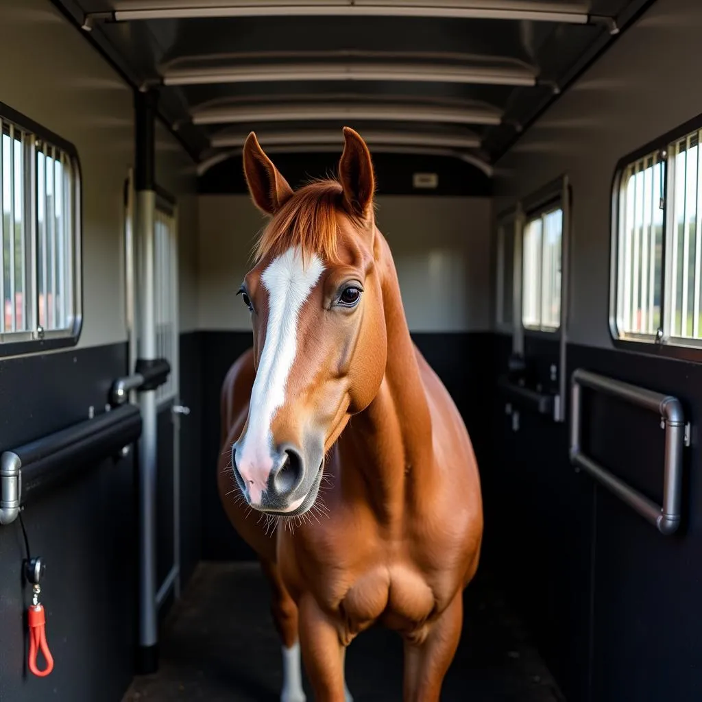 Horse being transported in a trailer