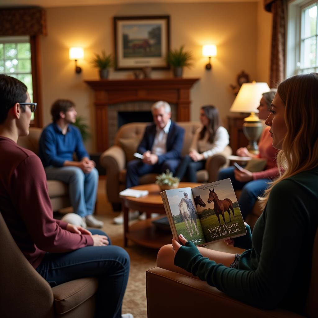 Group of people discussing a horse book in a cozy setting