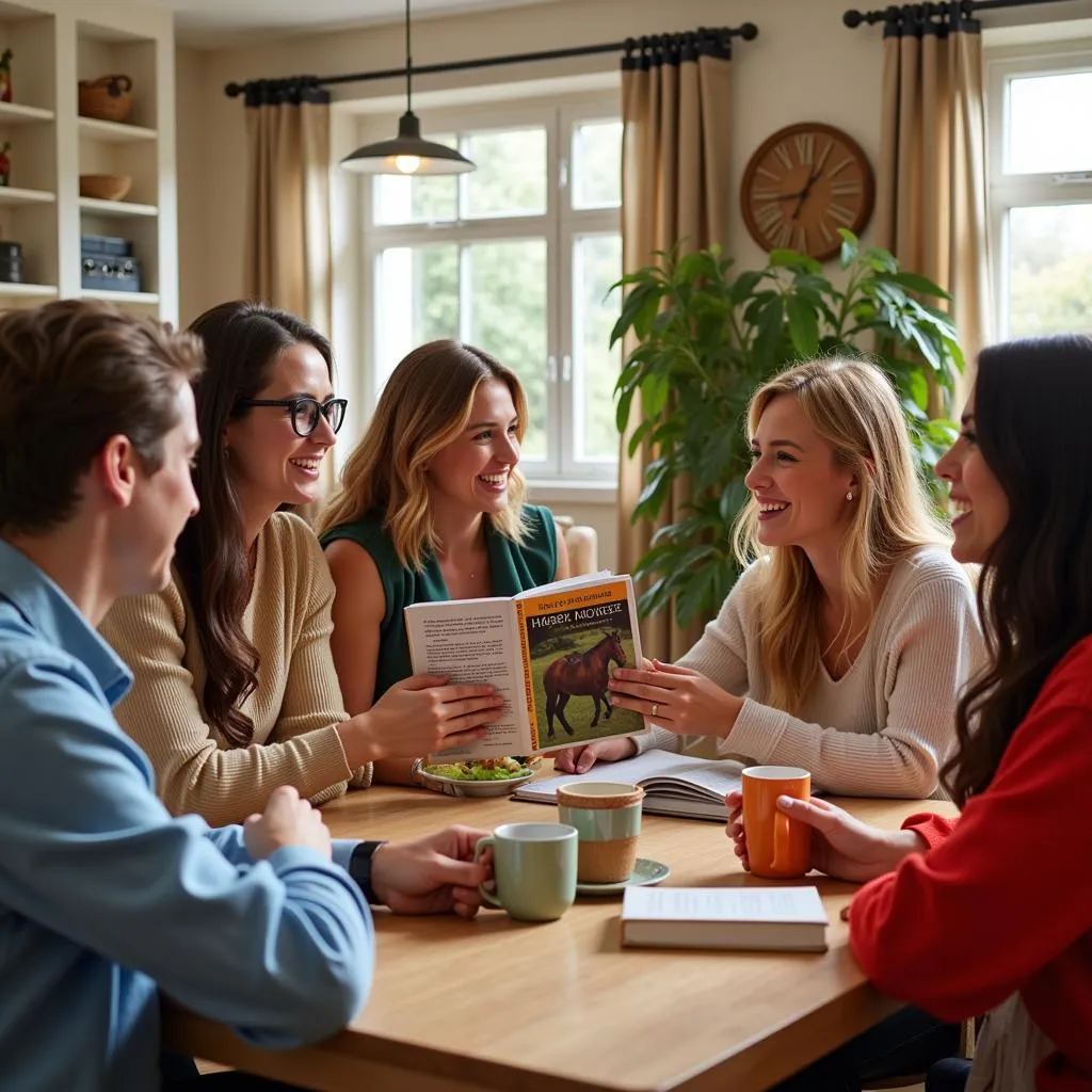 Group of friends discussing a horse book during their book club meeting