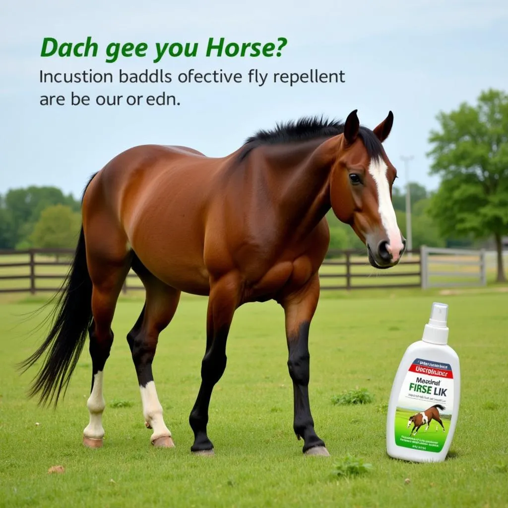 Horse bothered by flies in a pasture