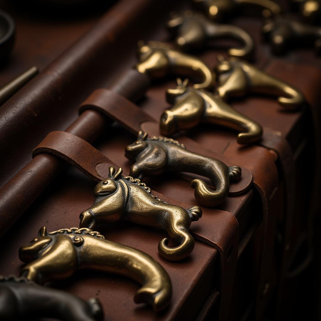 Antique horse brasses displayed on a leather strap