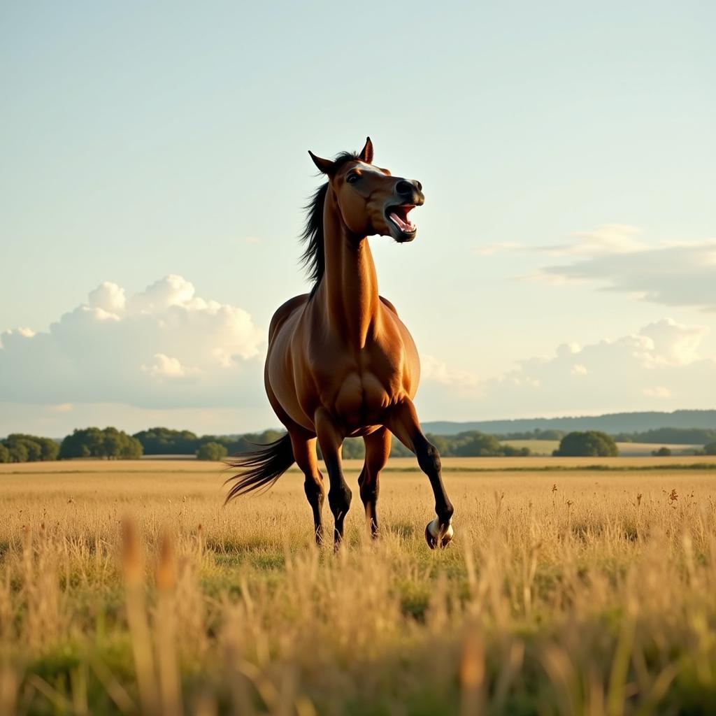 A brown horse braying loudly in a field