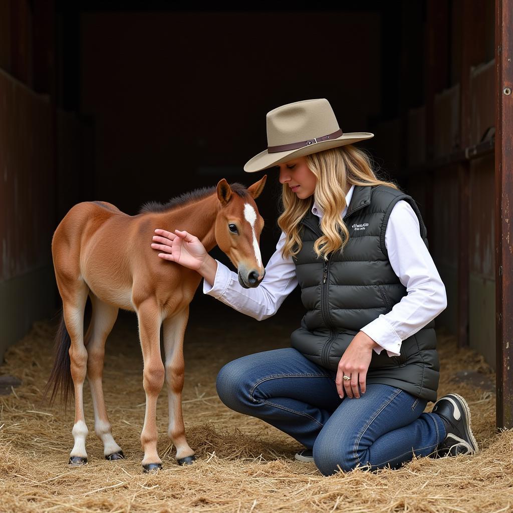 Horse breeder bonding with a newborn foal