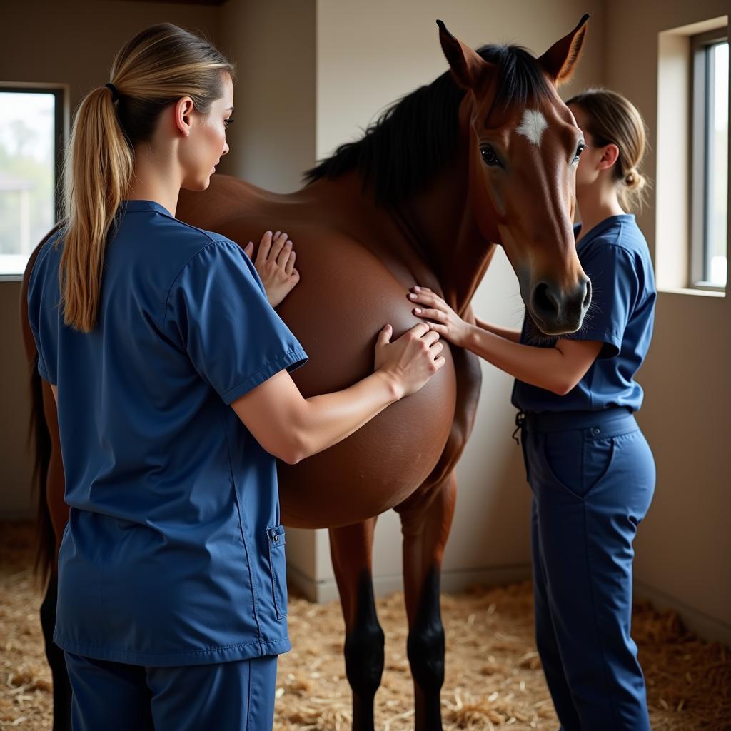 Veterinarian examining a pregnant mare