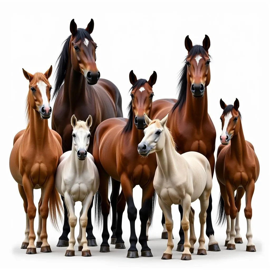 Various horse breeds standing in a field