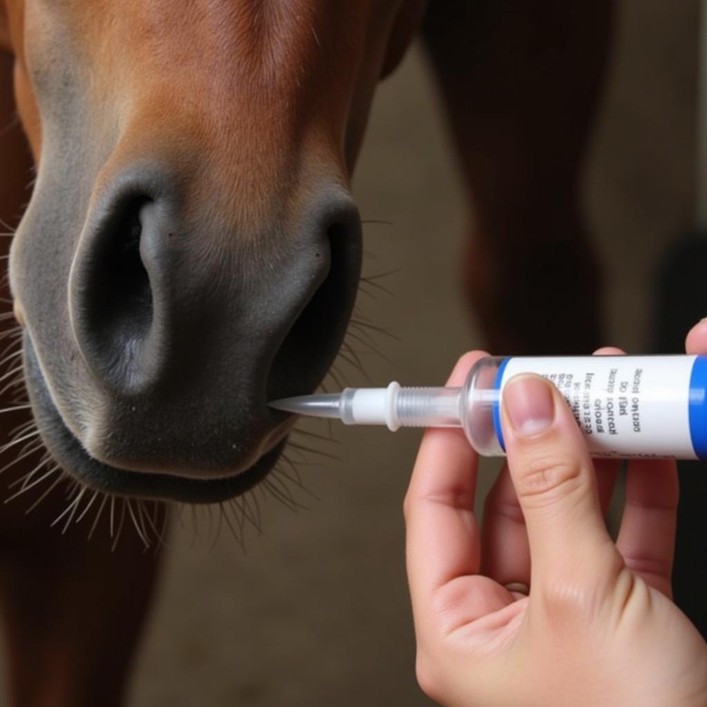 Horse calming paste being administered with a syringe