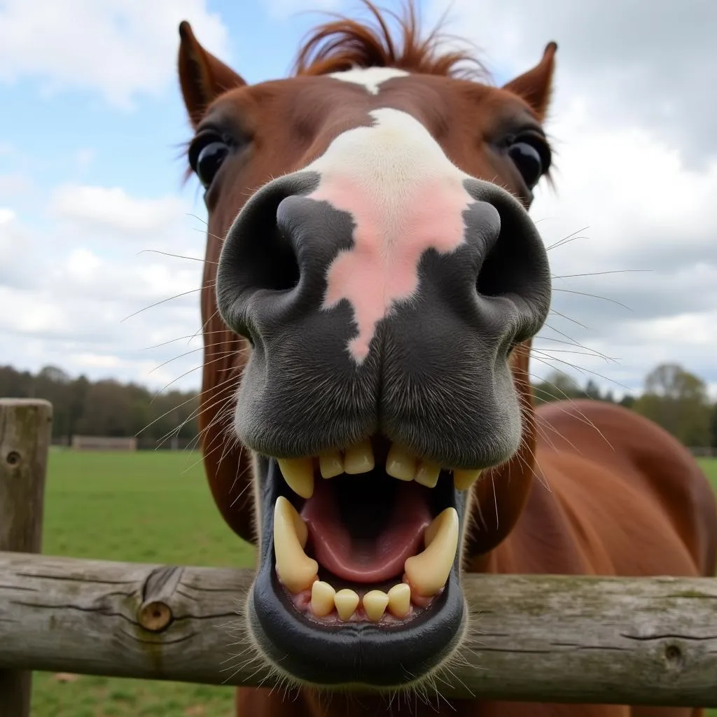 Horse Chewing on a Wooden Fence