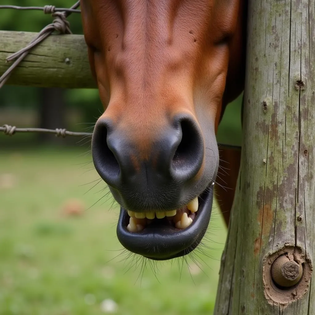 Horse chewing on a wooden fence