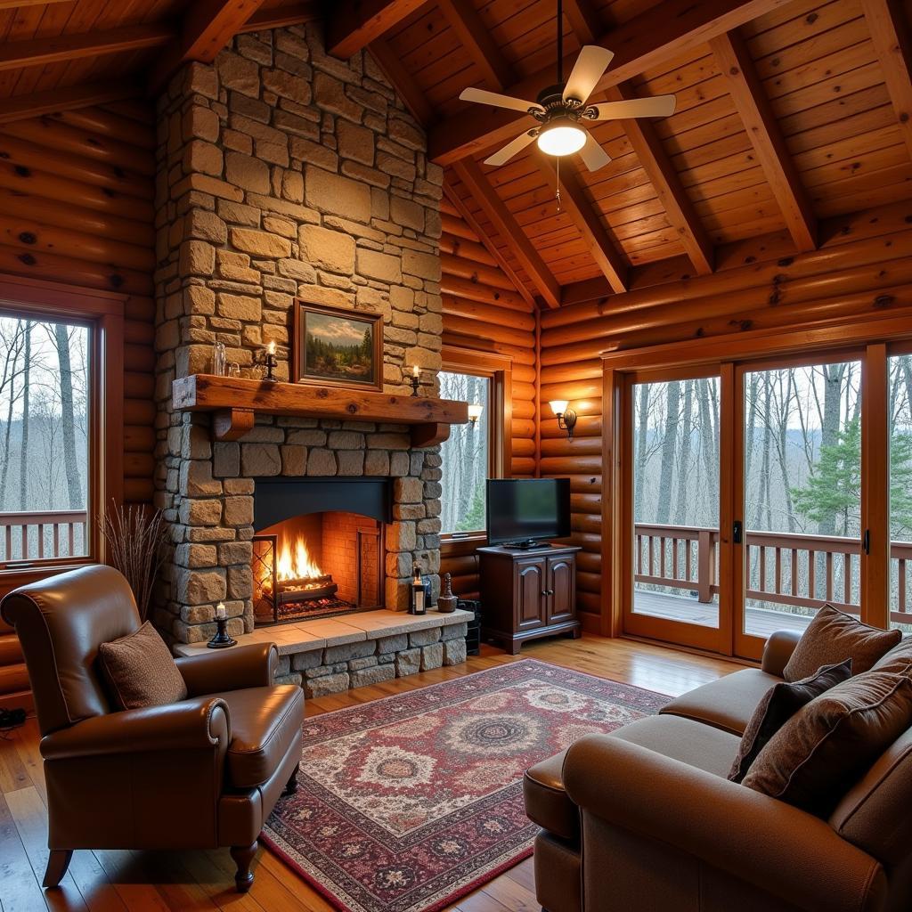 Cozy Horse Creek Cabin Interior with Stone Fireplace