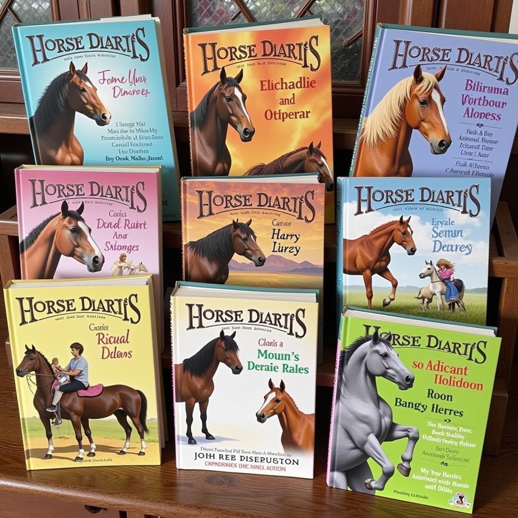 A bookshelf filled with colorful Horse Diaries books