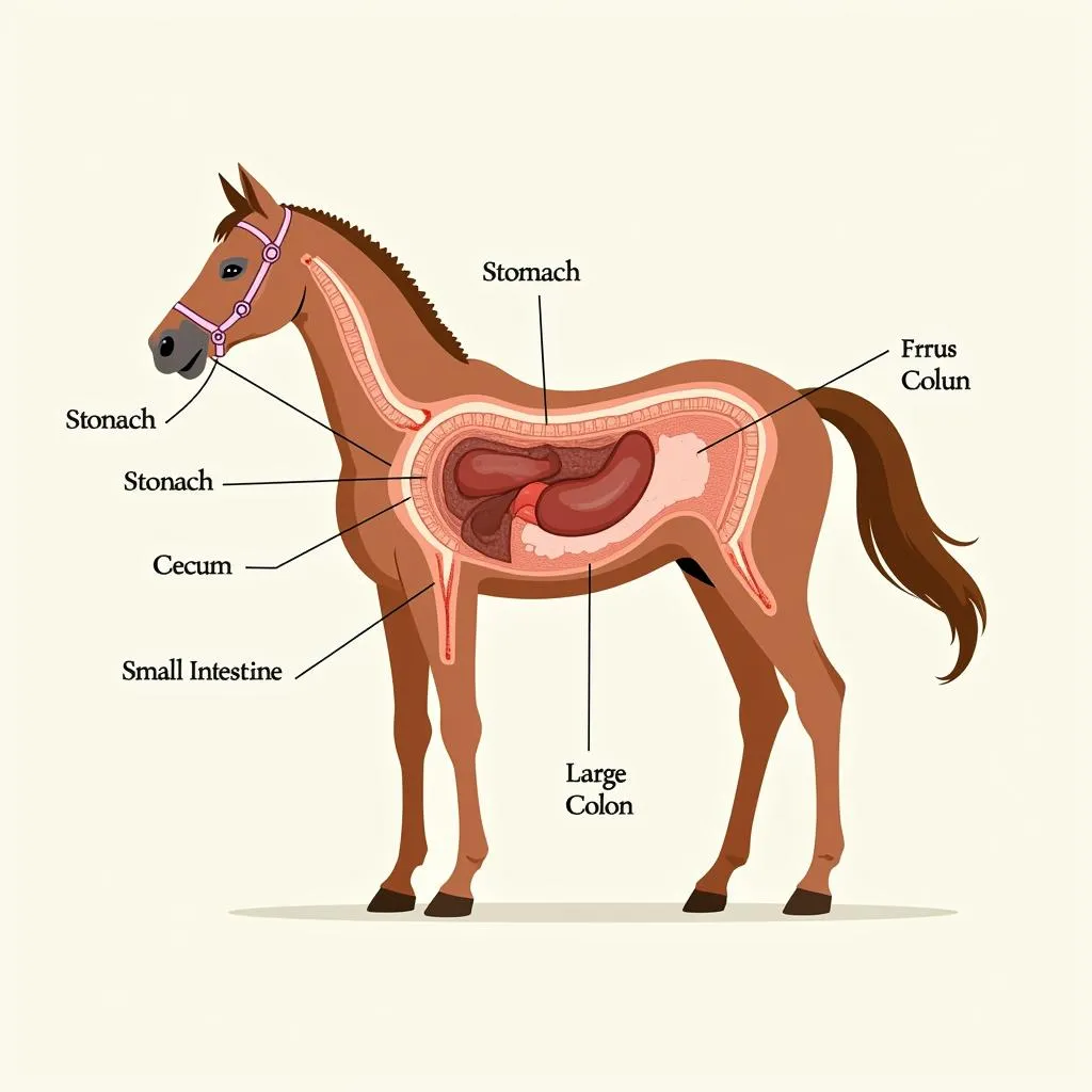 Cross-section illustration of a horse's digestive tract