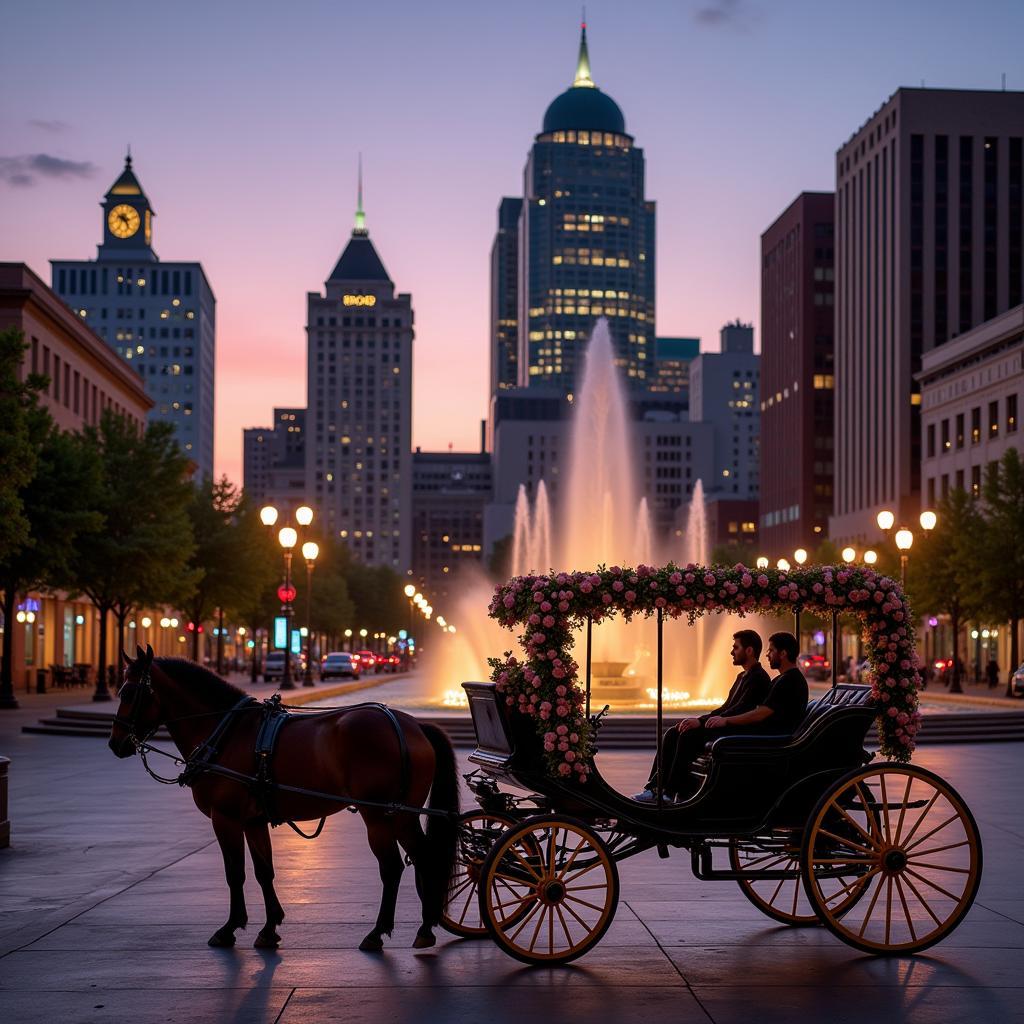 Horse drawn carriage ride passing by Fountain Square in Cincinnati