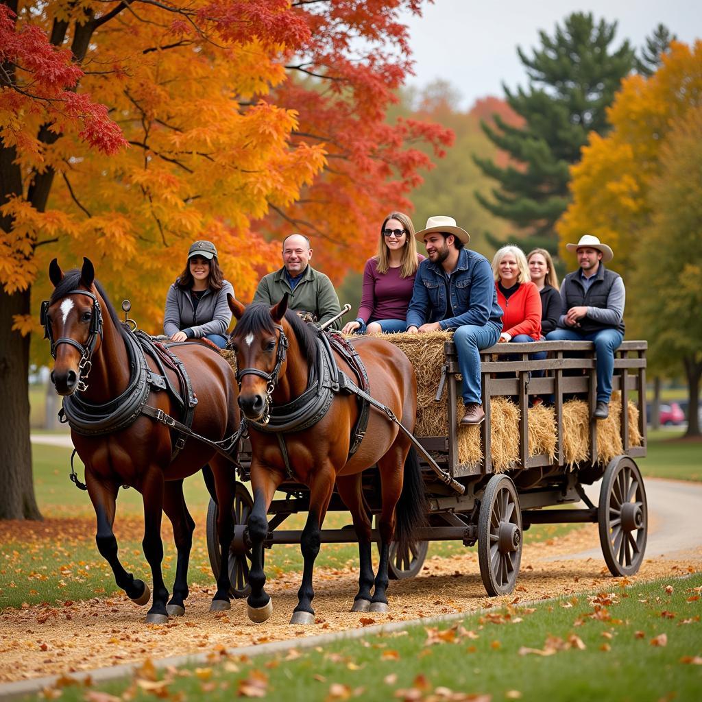 Horse drawn wagon hayride through autumn foliage