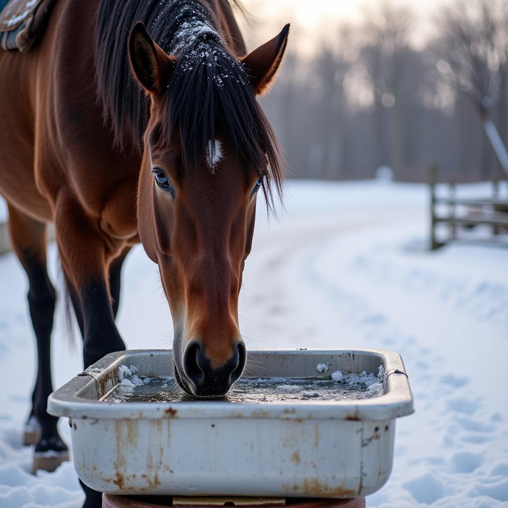 Horse Staying Hydrated in Winter with Heated Aluminum Trough