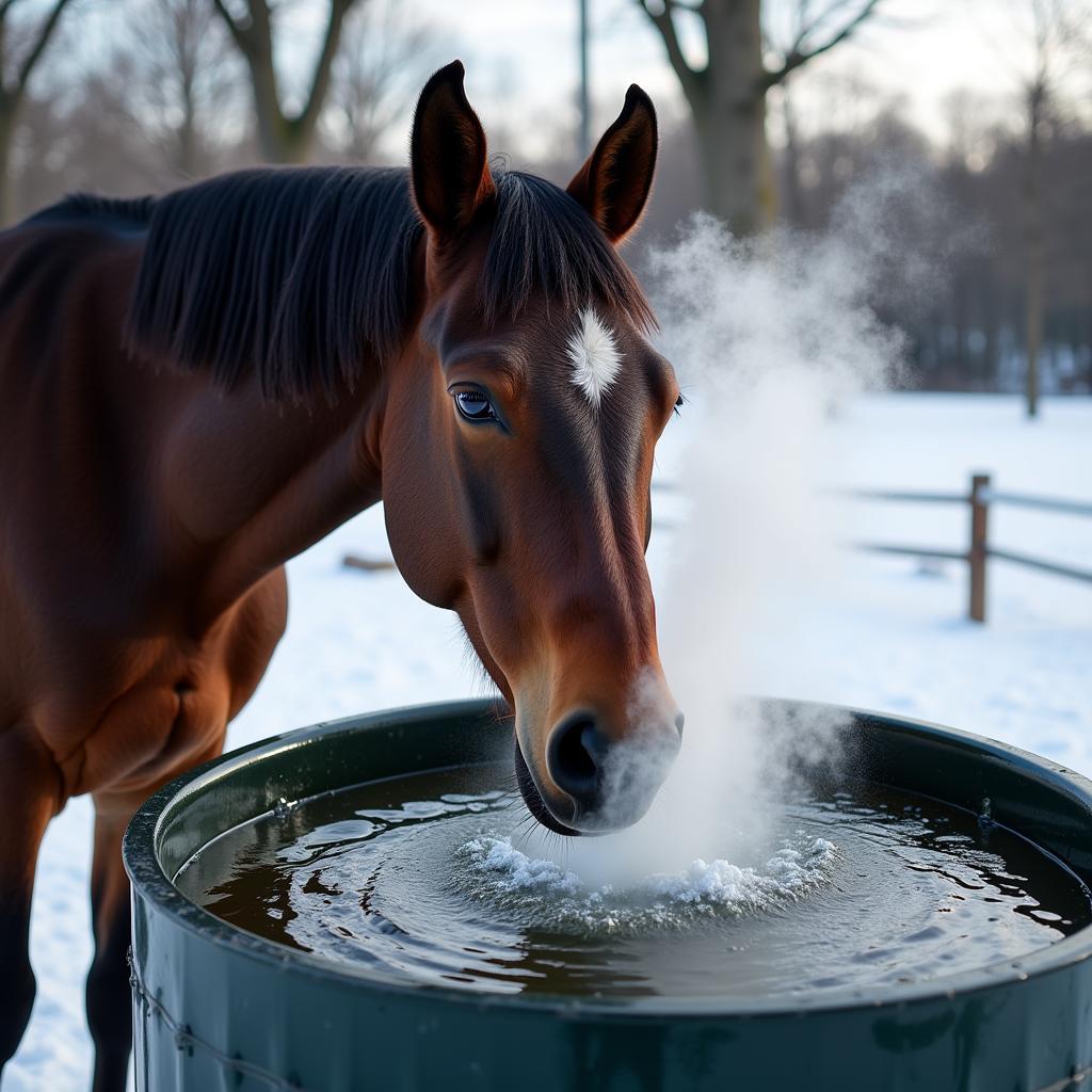 Horse drinking from a heated, insulated trough