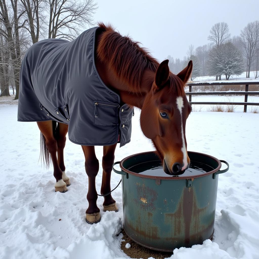 Horse Drinking from a Heated Water Trough