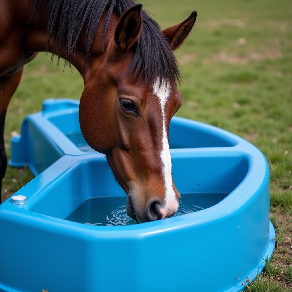 A bay horse drinking from an insulated poly water trough