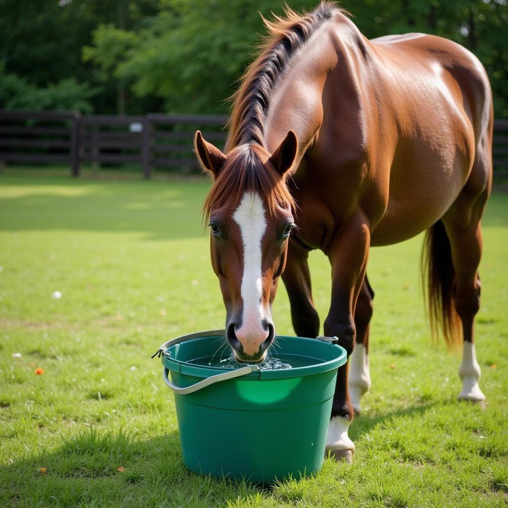  A thirsty horse drinking water from a bucket