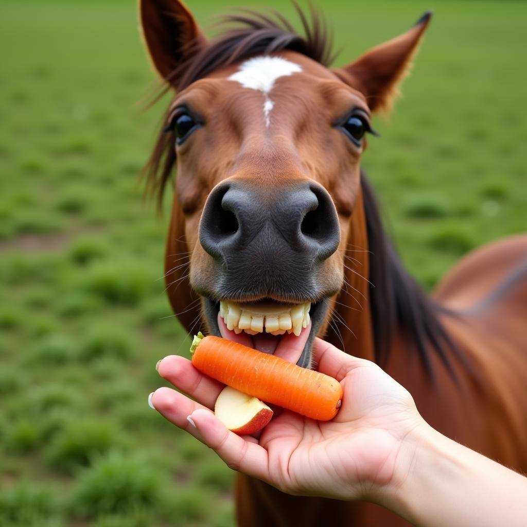 Horse Enjoying Carrots and Apples