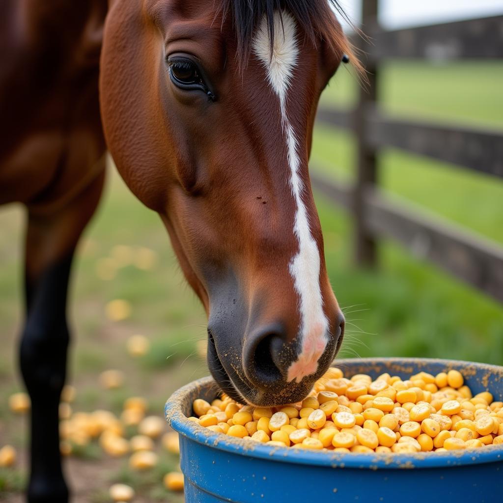 Horse Eating Corn from a Bucket