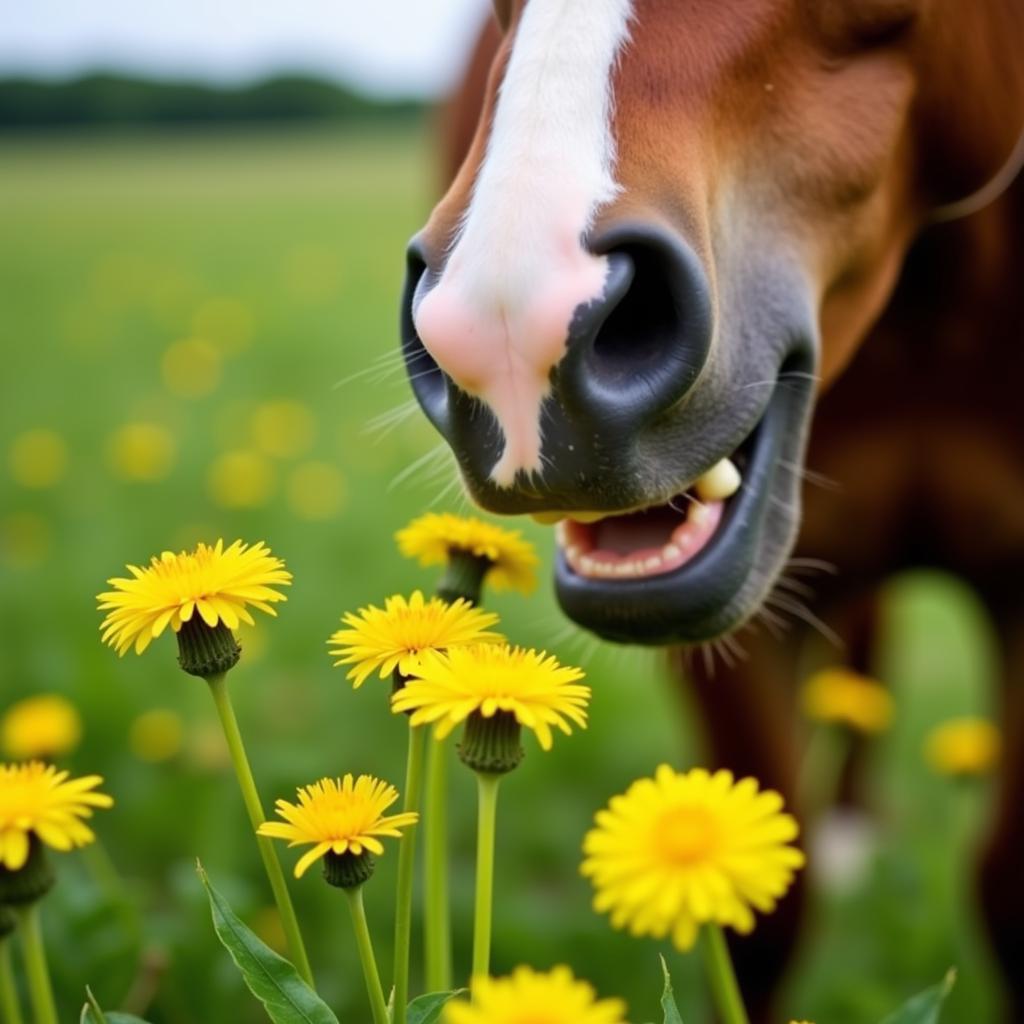 Horse Eating Dandelions in a Field