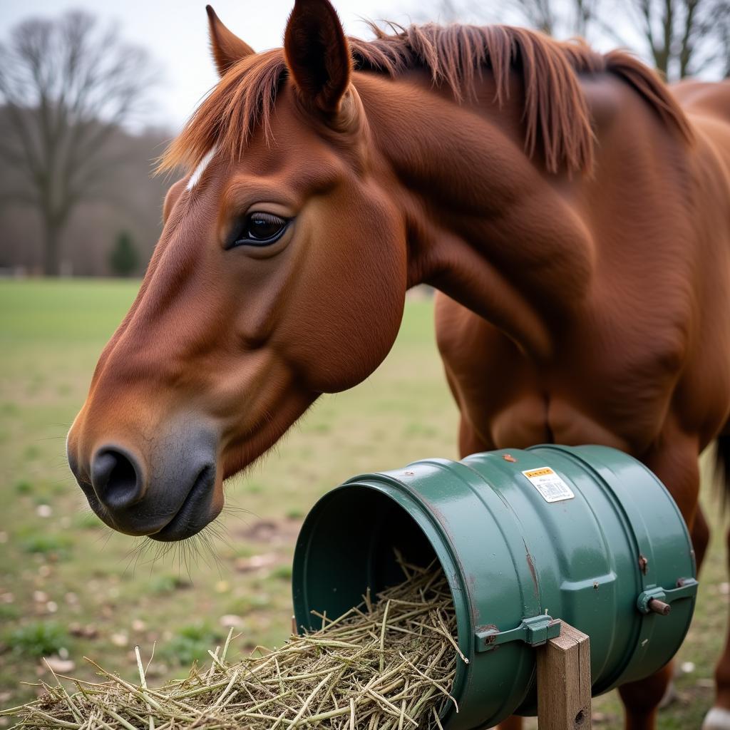 Horse Enjoying DIY Slow Feeder