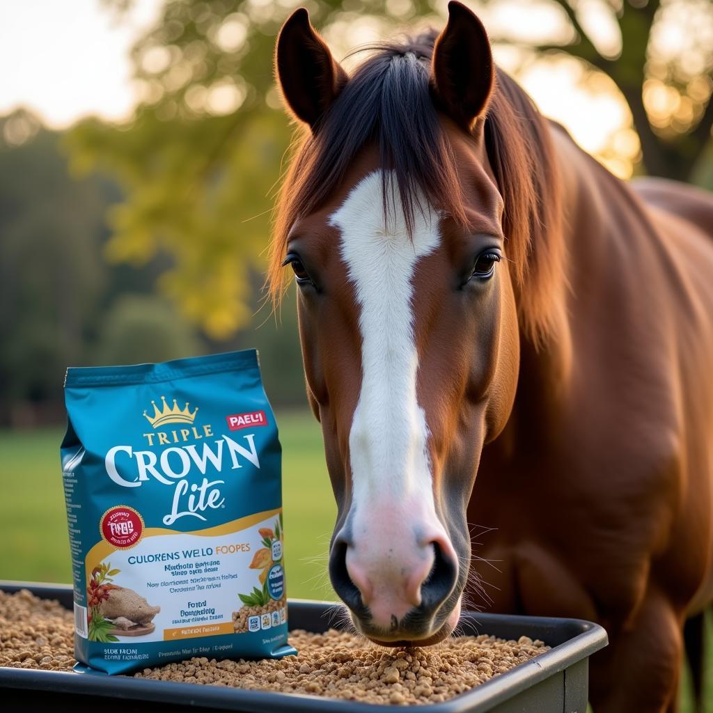 Horse Enjoying Triple Crown Lite from Feeder