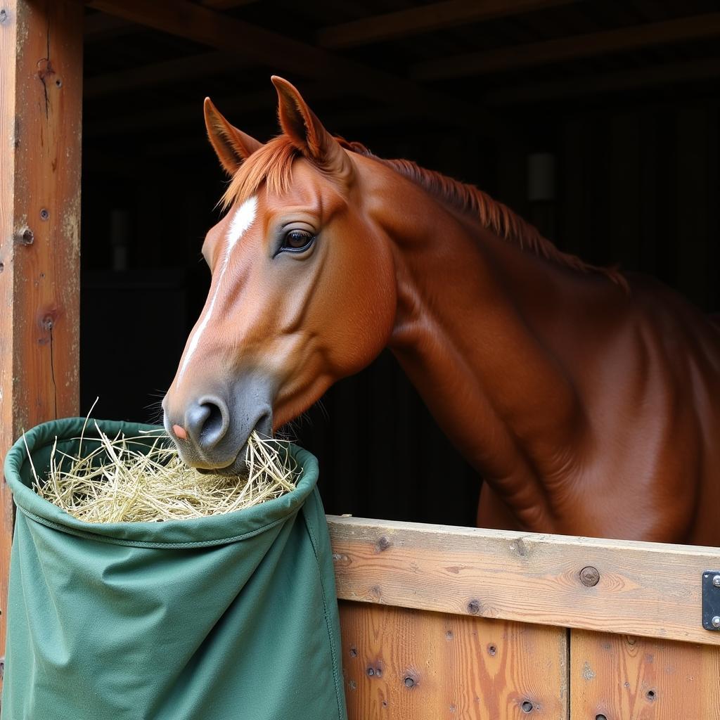 Horse Enjoying Hay from a Bag