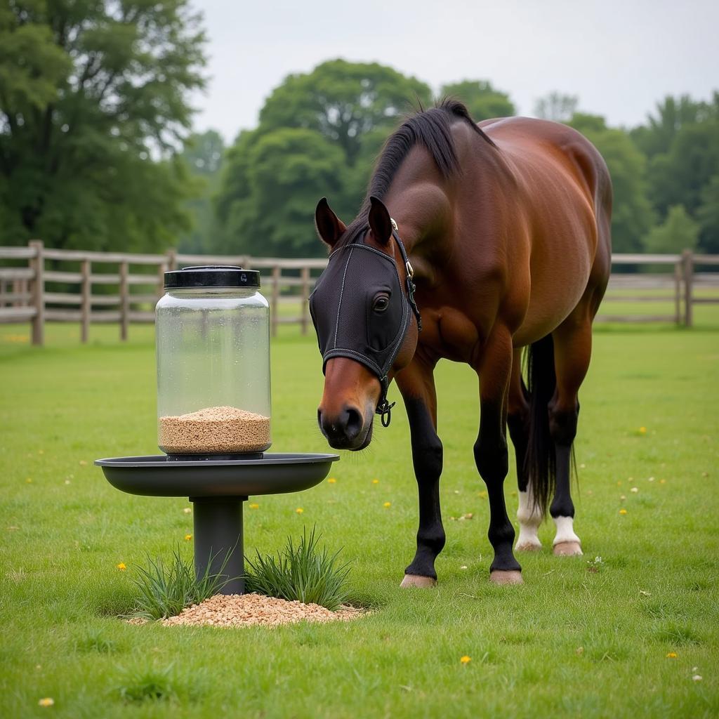 Horse Using a Slow Feeder in Pasture