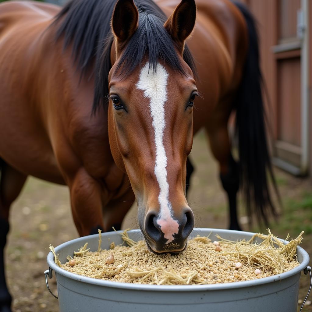  A brown horse eating from a feed bucket with garlic powder mixed in