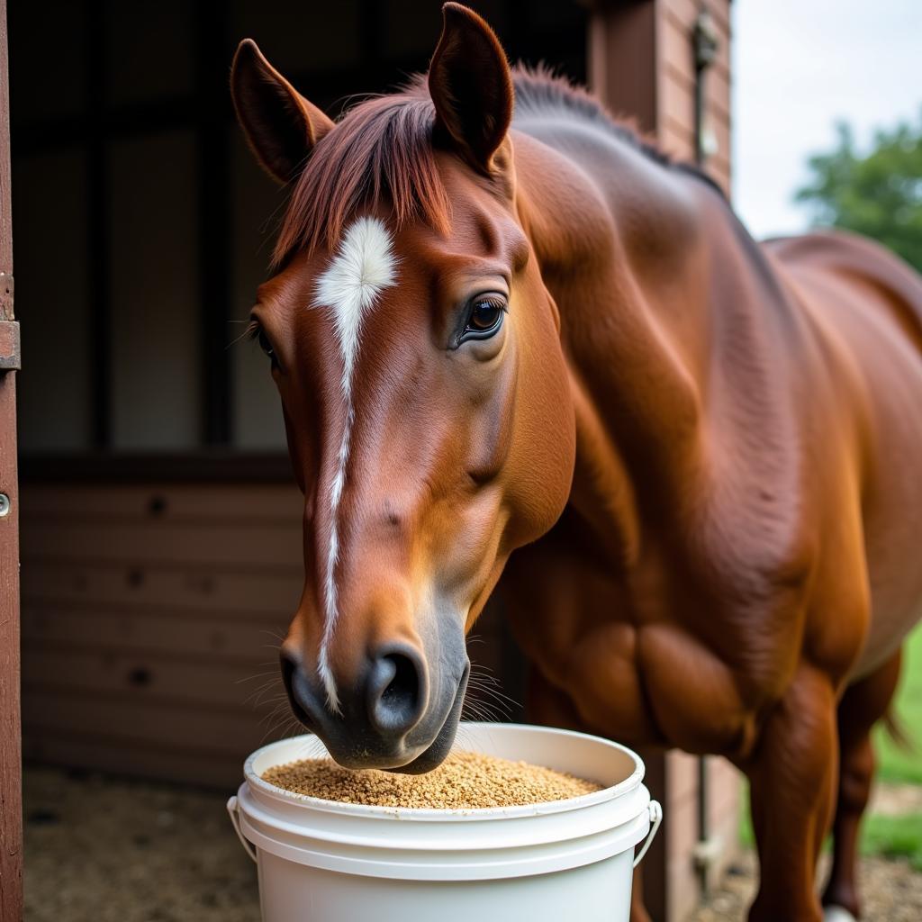 A Healthy Horse Enjoying its Grain Feed