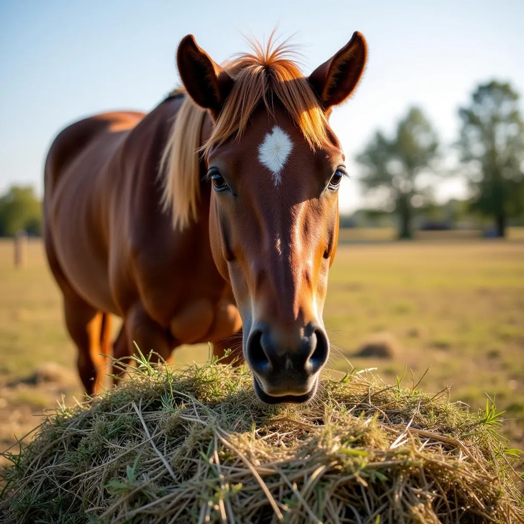 Horse Enjoying Hay in a Field