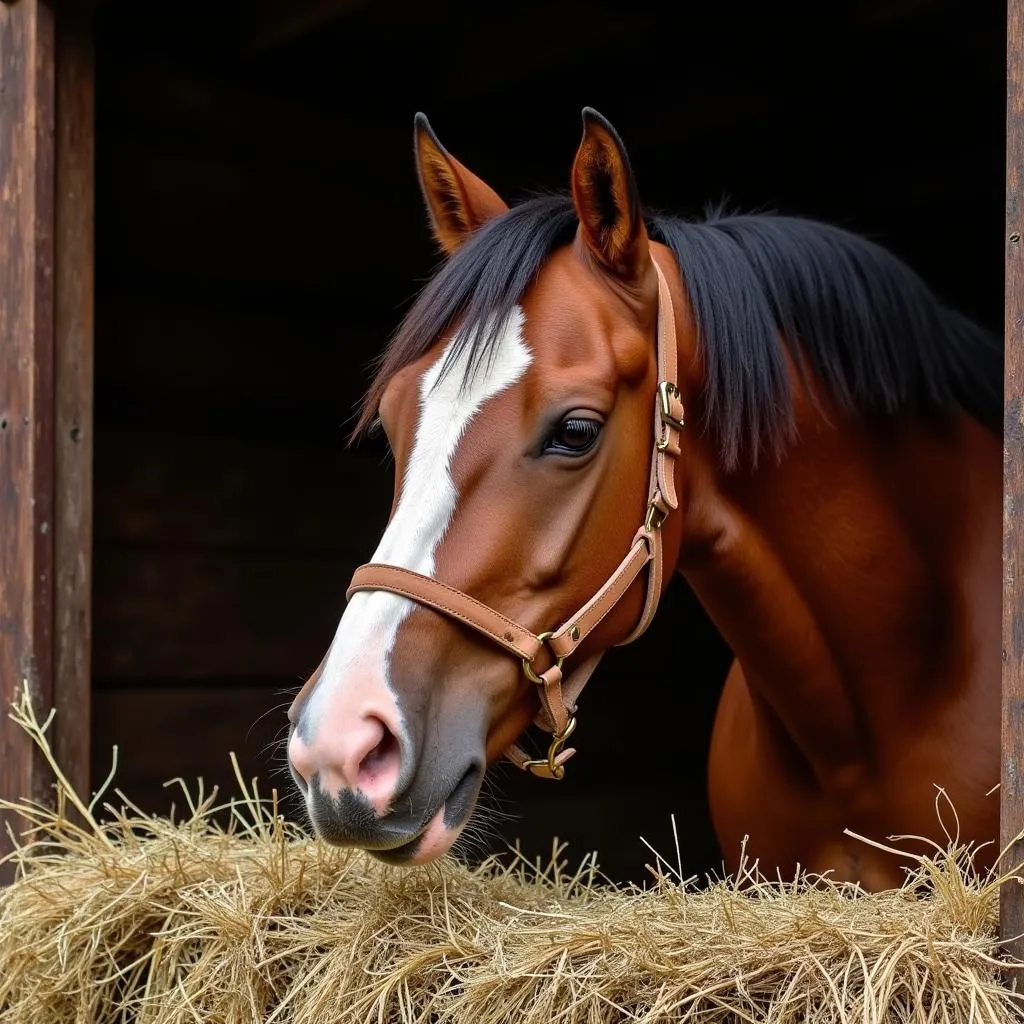 Horse eating hay in a stable