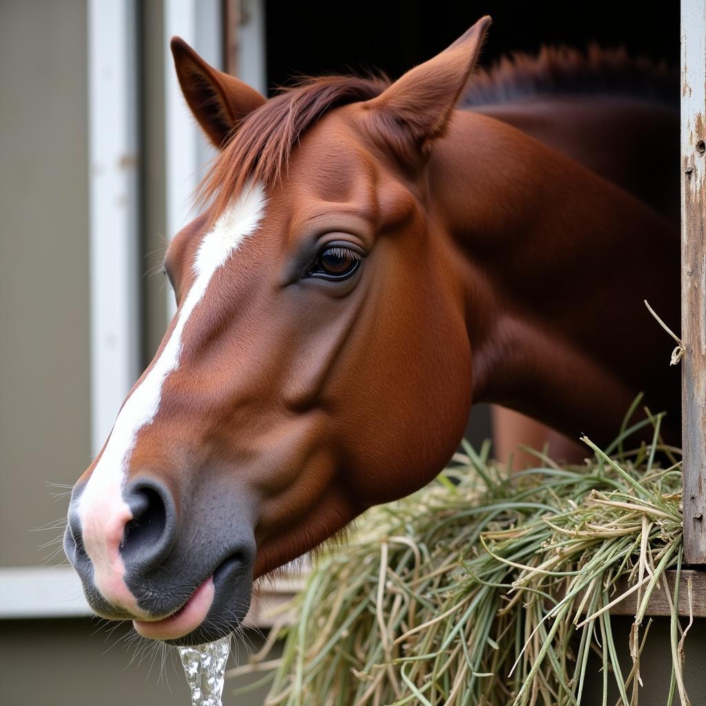 Horse Eating Hay and Foaming