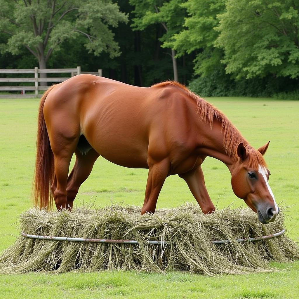 Horse Eating Hay from a Ring